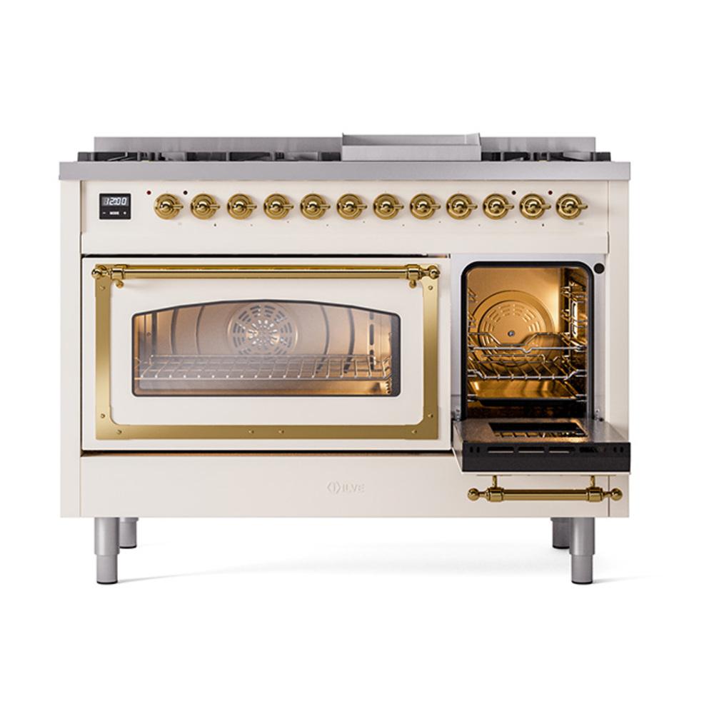 ILVE UN48FNMPAWG Nostalgie II Noblesse 48 inch Dual Fuel Range (8 Sealed Burners + Griddle, Natural Gas, Triple Glass Door, Antique White, Brass)
