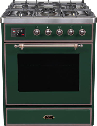 Majestic II 30 Inch Dual Fuel Natural Gas Freestanding Range in Emerald Green with Bronze Trim