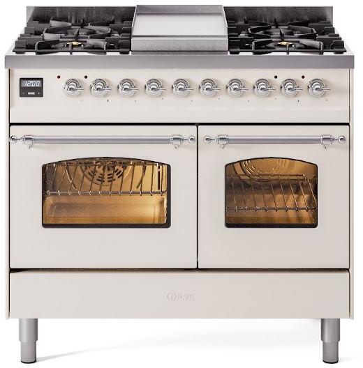 Nostalgie II 40 Inch Dual Fuel Natural Gas Freestanding Range in Antique White with Chrome Trim