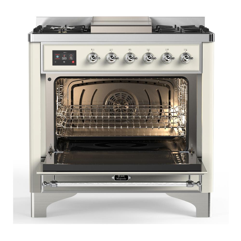 ILVE UM36FQNR3AWC Majestic III 36 inch Dual Fuel Range with 6 Black Brass Burners and Griddle, Dual Function Burner up to 25,000 BTU (Solid Door, Antique White, Chrome, Natural Gas)