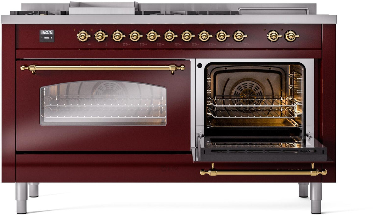 Nostalgie II 60 Inch Dual Fuel Liquid Propane Freestanding Range in Burgundy with Brass Trim