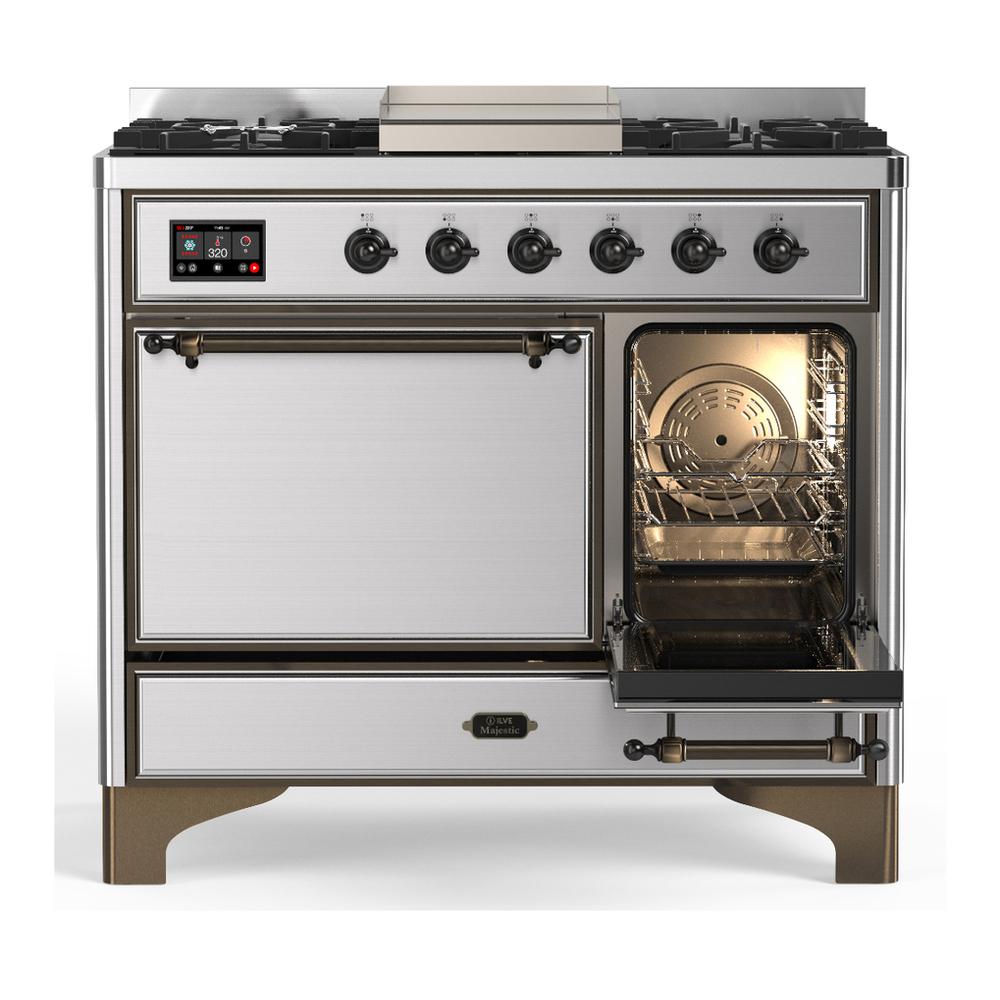 ILVE UMD40FQNR3SSB Majestic III 40 inch Dual Fuel Range with 6 Burners and Griddle, Dual Function Burner up to 25,000 BTU (Natural Gas, Solid Door, Stainless Steel, Burnished)