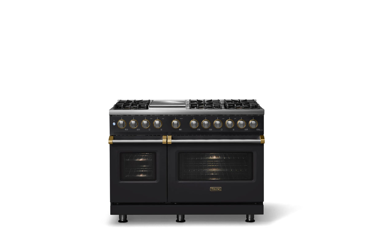 48"W. Dual Fuel Range (Burner: 6g, Finish: Onyx, Trim: Brushed Brass, Fuel: Propane)