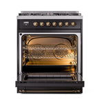 ILVE UN30QNMPBKBLP Nostalgie II Noblesse 30 inch Dual Fuel Range (Liquid Propane, Solid Door, Glossy Black, Burnished)