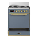 ILVE UM30QNR3BGGLP Majestic III 30 inch Dual Fuel Range with 5 Black Brass Burners, Dual Function Burner up to 25,000 BTU (Liquid Propane, Solid Door, Blue Grey, Brass)