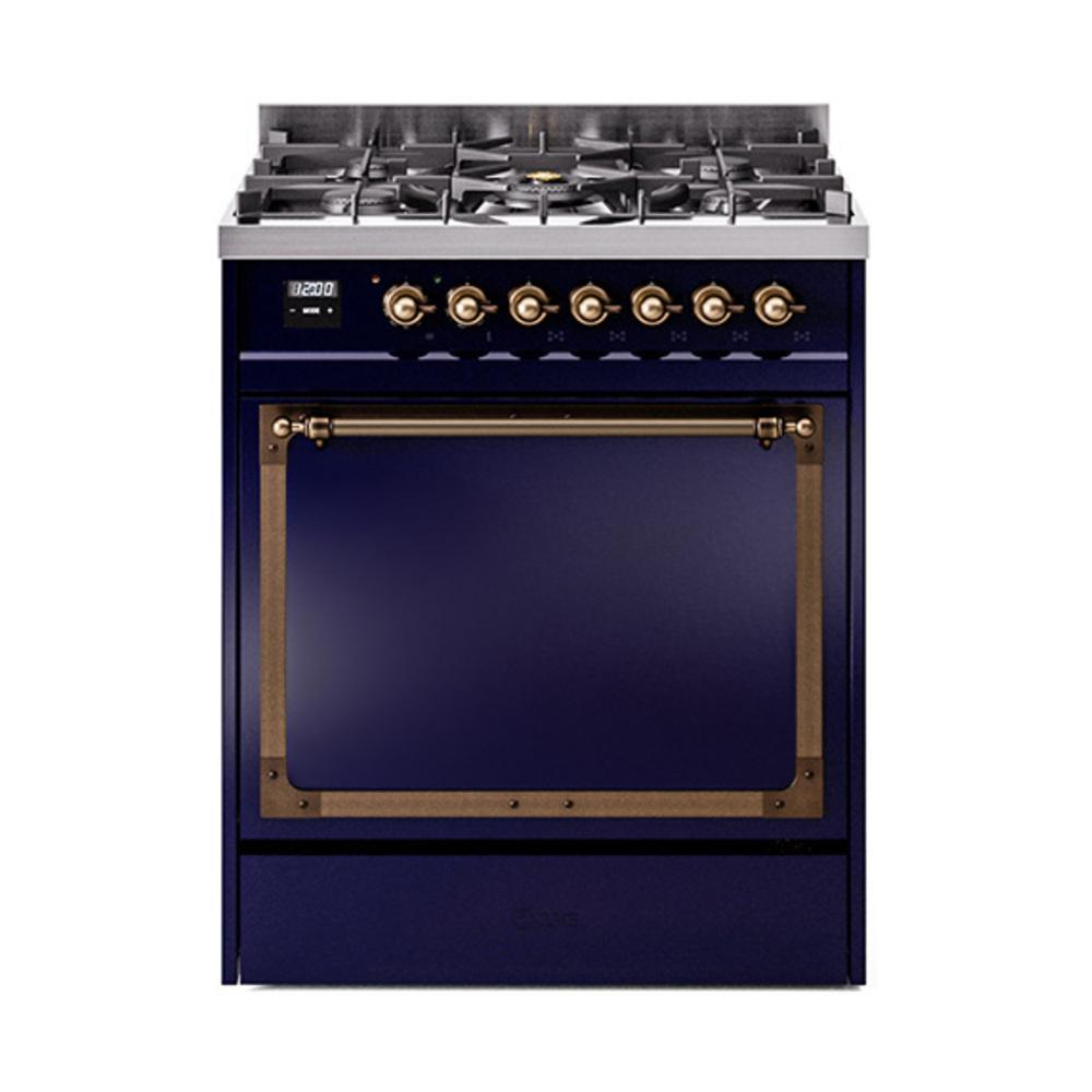ILVE UN30QNMPMBB Nostalgie II Noblesse 30 inch Dual Fuel Range (Natural Gas, Solid Door, Midnight Blue, Burnished)