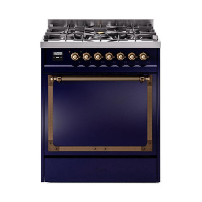ILVE UN30QNMPMBB Nostalgie II Noblesse 30 inch Dual Fuel Range (Natural Gas, Solid Door, Midnight Blue, Burnished)