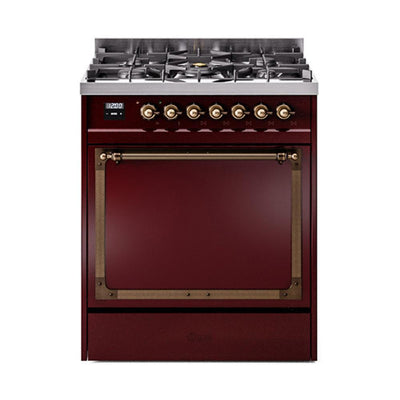 ILVE UN30QNMPBUBLP Nostalgie II Noblesse 30 inch Dual Fuel Range (Liquid Propane, Solid Door, Burgundy, Burnished)