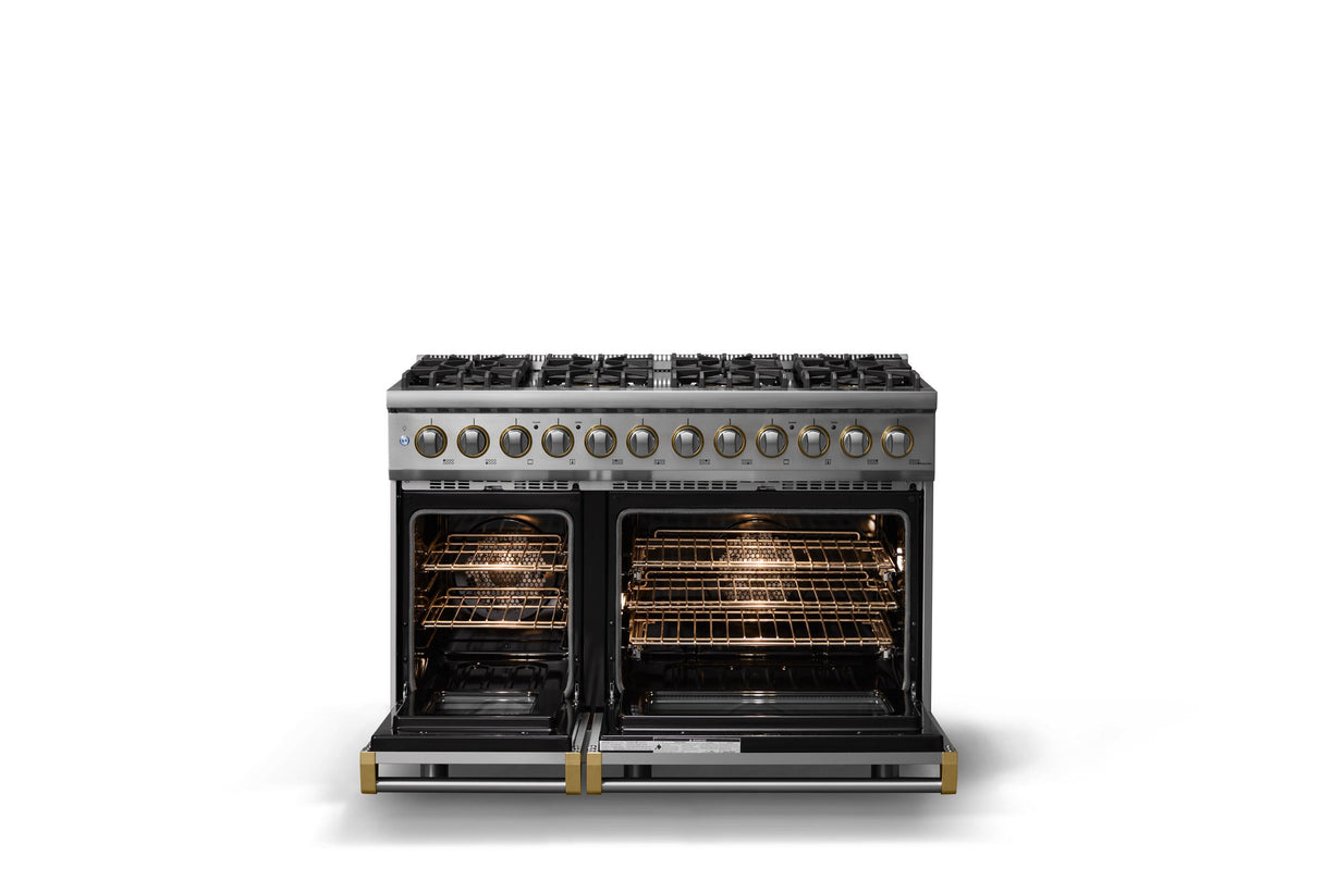 48"W. Dual Fuel Range (Burner: 8b, Finish: Stainless Steel, Trim: Polished Chrome, Fuel: Propane)