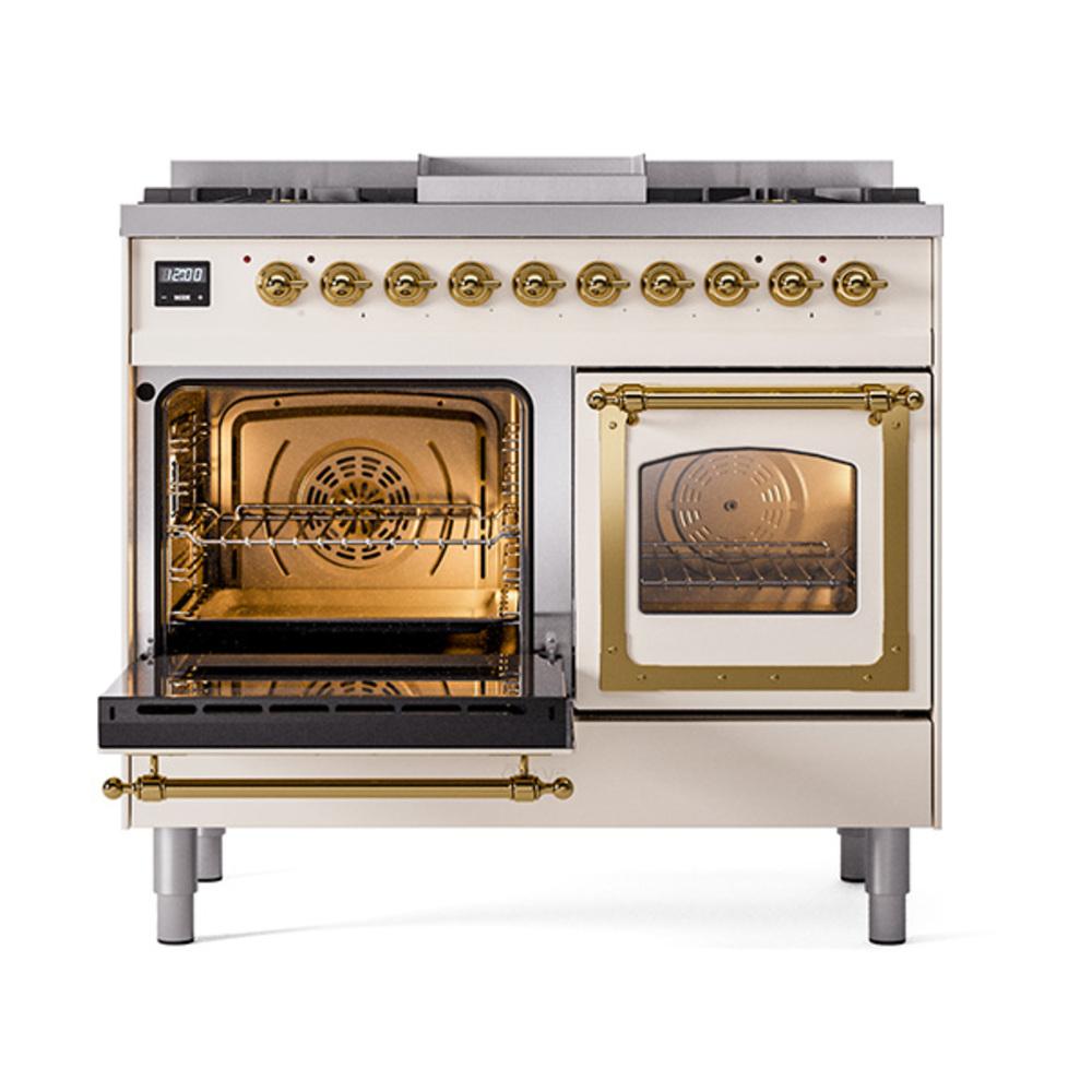 ILVE UND40FNMPAWG Nostalgie II Noblesse 40 inch Dual Fuel Range (Natural Gas, Triple Glass Door, Antique White, Brass)