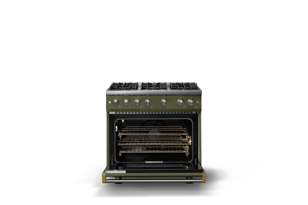 36"W. Sealed Burner Gas Range (Burner: 6b, Finish: Martini, Trim: Brushed Brass, Fuel: Natural Gas)