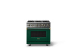 36"W. Open Burner Gas Range (Finish: Ivy, Trim: Brushed Brass, Fuel: Natural Gas)
