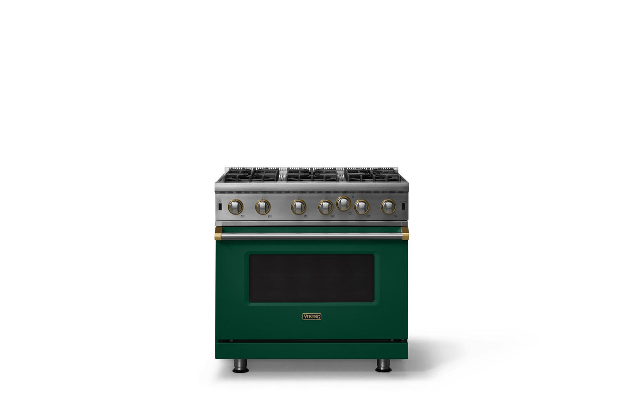 36"W. Open Burner Gas Range (Finish: Ivy, Trim: Brushed Brass, Fuel: Propane)