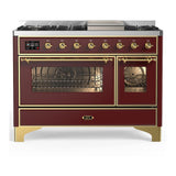 ILVE UM48FNR3BUGLP Majestic III 48 inch Dual Fuel Range with 8 Burners and Griddle, Dual Function Burner up to 25,000 BTU (Liquid Propane, Triple Glass Door, Burgundy, Brass)