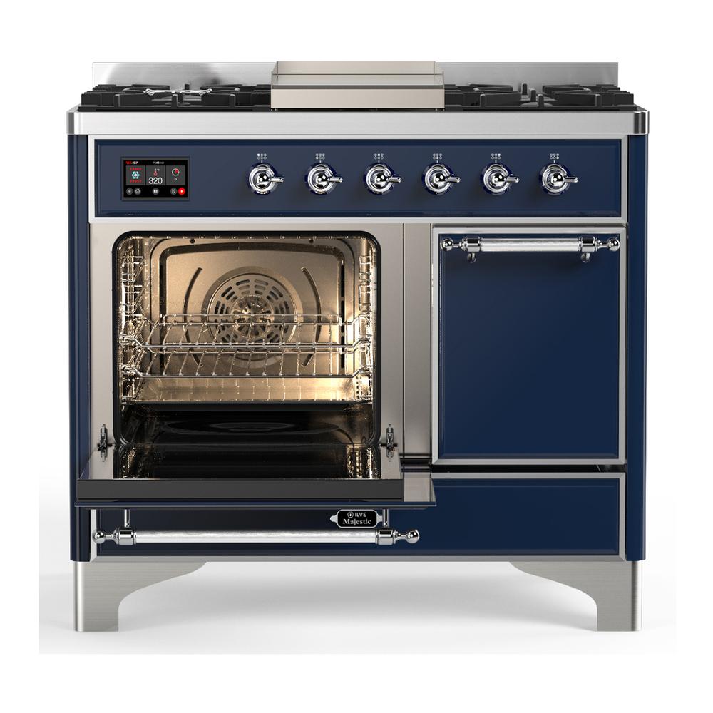 ILVE UMD40FQNR3MBCLP Majestic III 40 inch Dual Fuel Range with 6 Burners and Griddle, Dual Function Burner up to 25,000 BTU (Liquid Propane, Solid Door, Midnight Blue, Chrome)