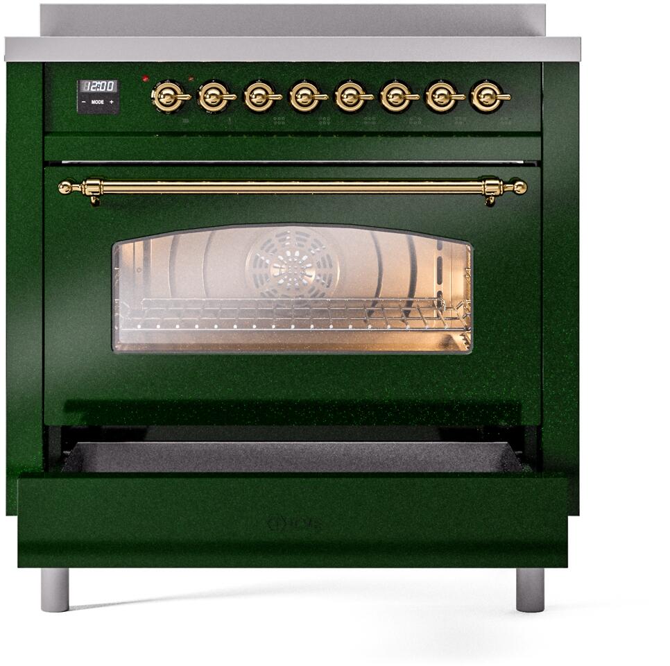 Nostalgie II 36 Inch Electric Freestanding Range in Emerald Green with Brass Trim