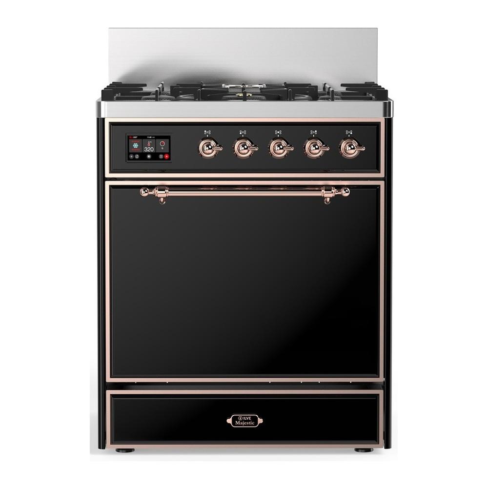 ILVE UM30QNR3BKP Majestic III 30 inch Dual Fuel Range with 5 Black Brass Burners, Dual Function Burner up to 25,000 BTU (Natural Gas, Solid Door, Glossy Black, Copper)