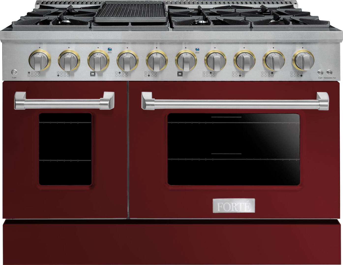 FGR488BBG14 48" All Gas Freestanding Range in Burgundy with Brass Bezel Kit Set