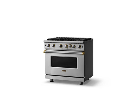 36"W. Open Burner Gas Range (Finish: Stainless Steel, Trim: Brushed Brass, Fuel: Natural Gas)