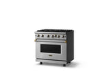 36"W. Open Burner Gas Range (Finish: Stainless Steel, Trim: Brushed Brass, Fuel: Propane)