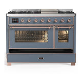 ILVE UM48FNR3BGPLP Majestic III 48 inch Dual Fuel Range with 8 Burners and Griddle, Dual Function Burner up to 25,000 BTU (Liquid Propane, Triple Glass Door, Blue Grey, Copper)