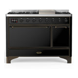 ILVE UM48FQNR3BKBLP Majestic III 48 inch Dual Fuel Range with 8 Burners and Griddle, Dual Function Burner up to 25,000 BTU (Liquid Propane, Solid Door, Glossy Black, Burnished)