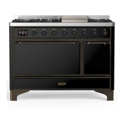 ILVE UM48FQNR3BKBLP Majestic III 48 inch Dual Fuel Range with 8 Burners and Griddle, Dual Function Burner up to 25,000 BTU (Liquid Propane, Solid Door, Glossy Black, Burnished)
