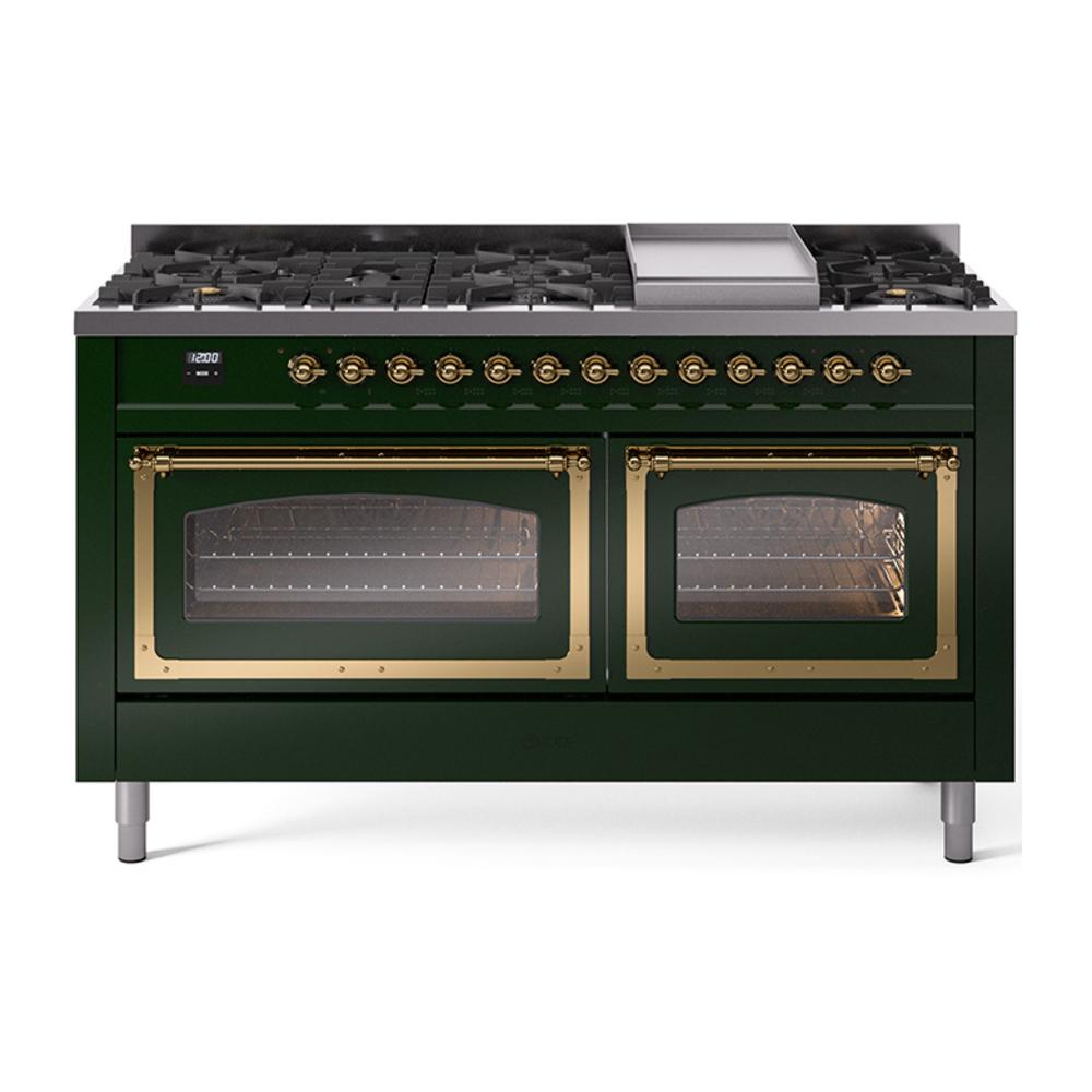 ILVE UN60FNMPEGGLP Nostalgie II Noblesse 60 inch Dual Fuel Range (9 Sealed Burners + Griddle, Liquid Propane, Triple Glass Door, Emerald Green, Brass)