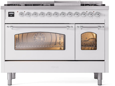 Nostalgie II 48 Inch Dual Fuel Liquid Propane Freestanding Range in White with Chrome Trim