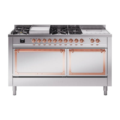 ILVE UN60FSQNMPSSP Nostalgie II Noblesse 60 inch Dual Fuel Range (7 Sealed Burners + Griddle + French Top, Natural Gas, Solid Door, Stainless Steel, Copper)
