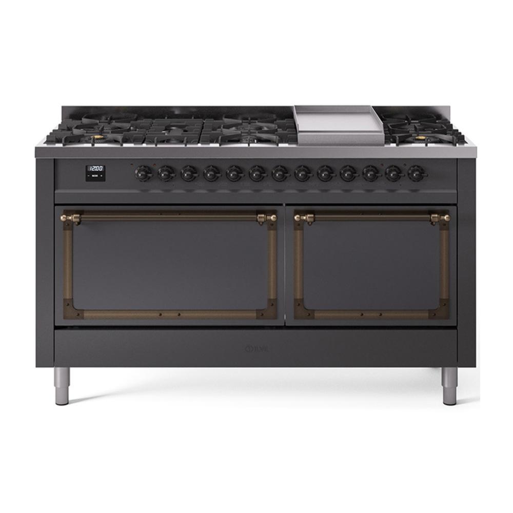 ILVE UN60FQNMPMGBLP Nostalgie II Noblesse 60 inch Dual Fuel Range (9 Sealed Burners + Griddle, Liquid Propane, Solid Door, Graphite Matte, Burnished)