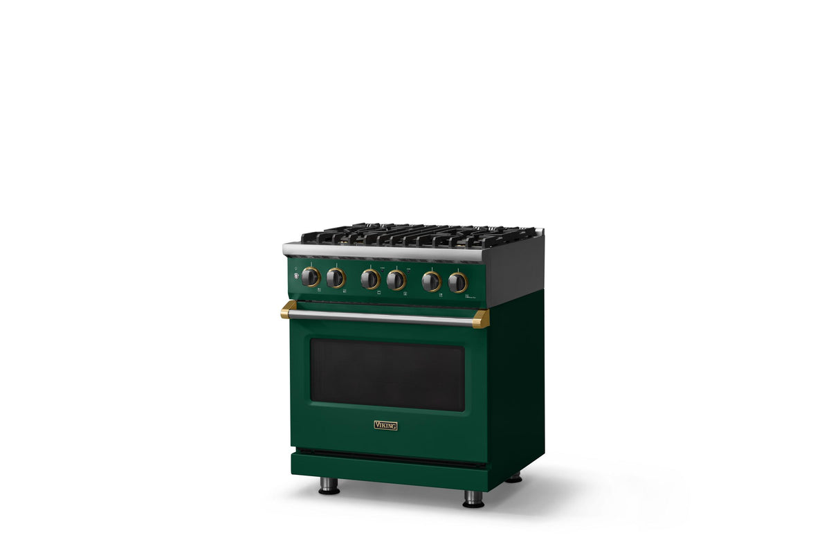 30"W. Dual Fuel Range (Finish: Ivy, Trim: Brushed Brass, Fuel: Natural Gas)