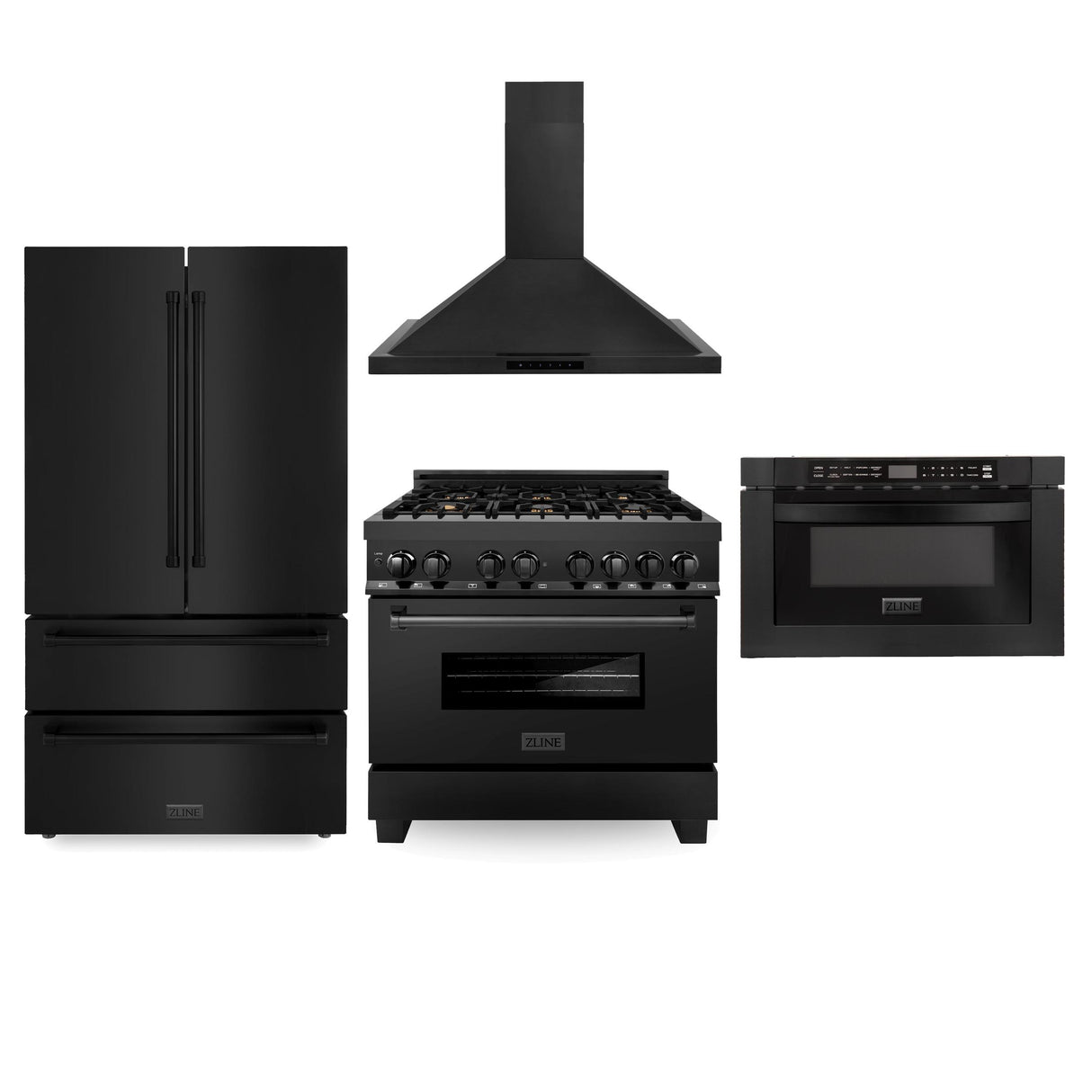 ZLINE Kitchen Package with Black Stainless Steel Refrigeration, 36" Dual Fuel Range and Microwave Drawer (4KPR-RABRH36-MW)