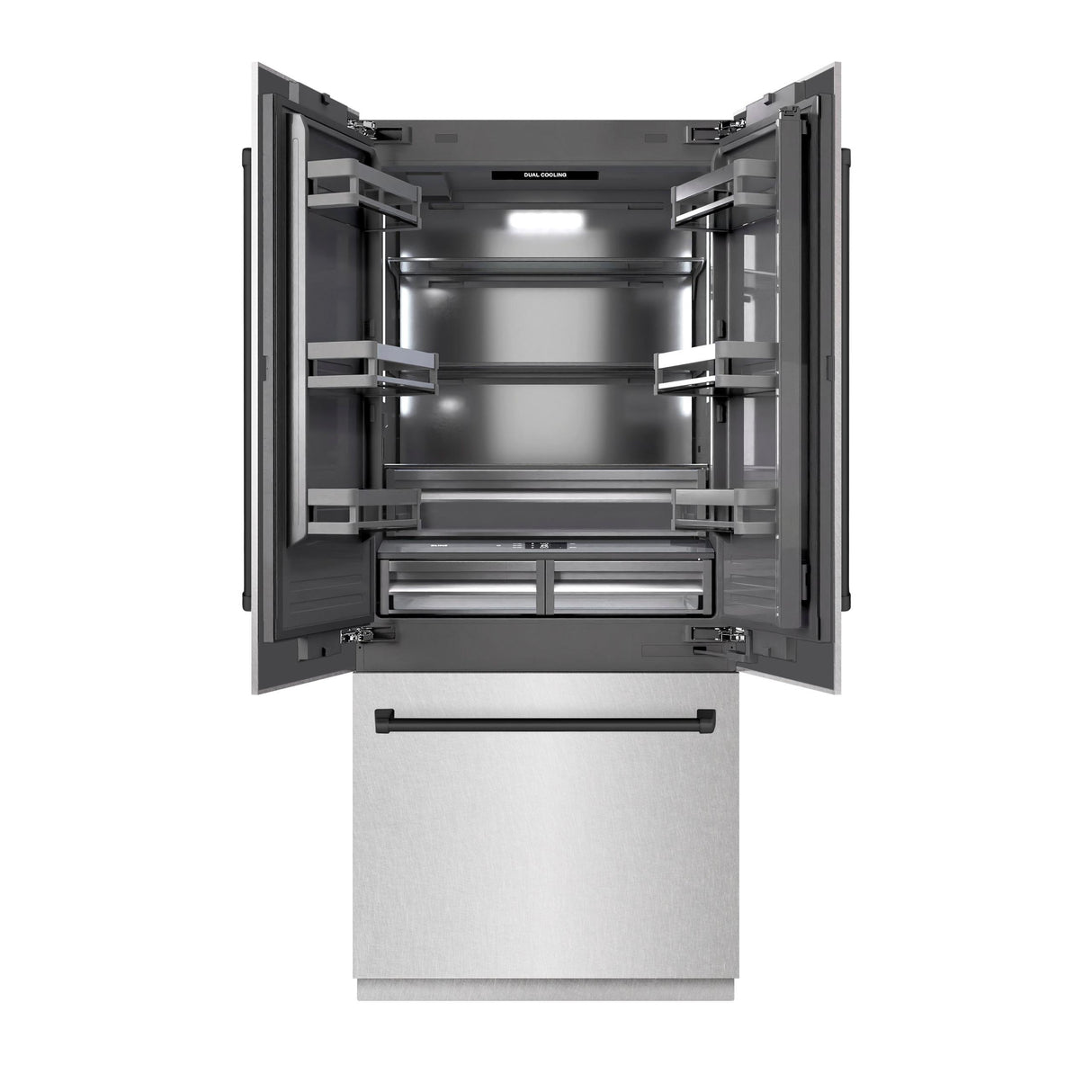 ZLINE Autograph Edition 36 in. 19.6 cu. ft. French Door Built-In Bottom Freezer Refrigerator with Water Dispenser and Ice Maker in DuraSnow' Stainless Steel with Graphite Gray Interior and Matte Black Accents (GRBIVZ-SN-36-MB)