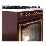 ILVE UN30NMPBUGLP Nostalgie II Noblesse 30 inch Dual Fuel Range (Liquid Propane, Triple Glass Door, Burgundy, Brass)