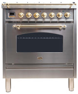 Nostalgie 30 Inch Dual Fuel Natural Gas Freestanding Range in Stainless Steel with Brass Trim