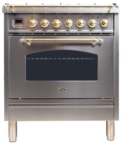 Nostalgie 30 Inch Dual Fuel Natural Gas Freestanding Range in Stainless Steel with Brass Trim
