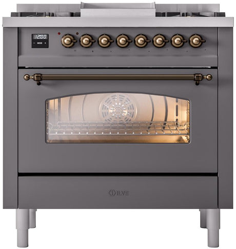 Nostalgie II 36 Inch Dual Fuel Natural Gas Freestanding Range in Matte Graphite with Bronze Trim