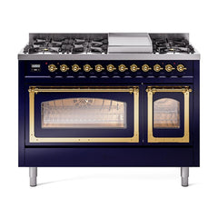 ILVE UN48FNMPMBG Nostalgie II Noblesse 48 inch Dual Fuel Range (8 Sealed Burners + Griddle, Natural Gas, Triple Glass Door, Midnight Blue, Brass)