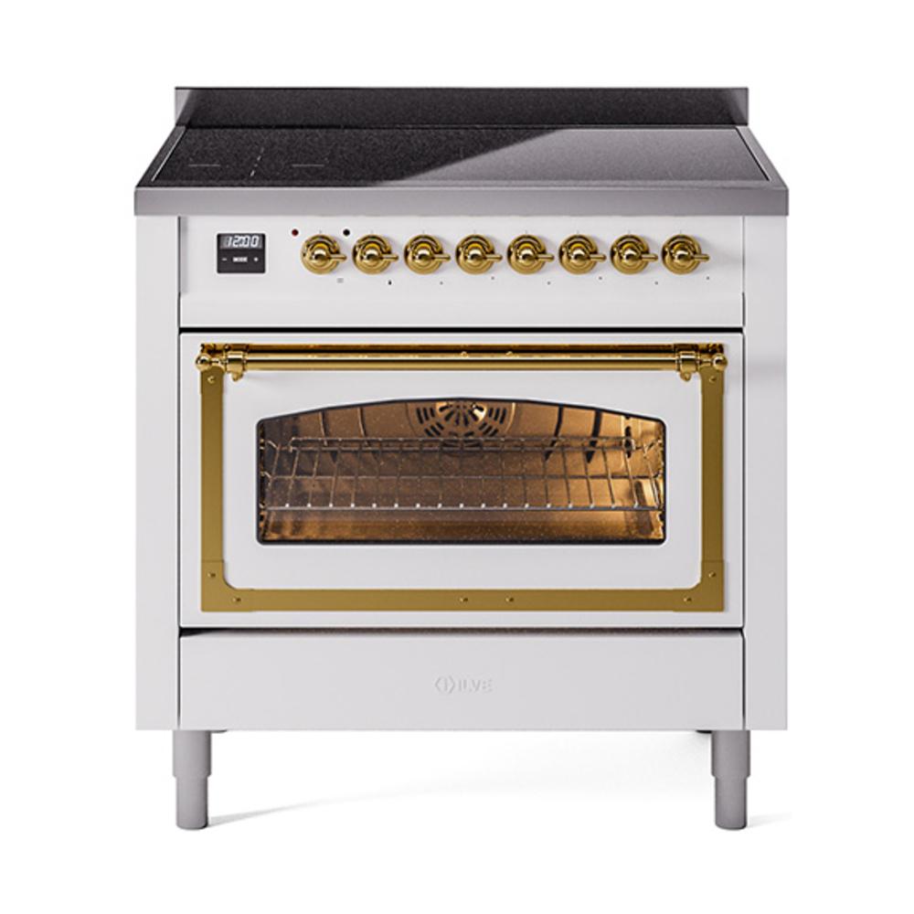 ILVE UNI366NMPWHG Nostalgie II Noblesse 36 inch Induction Range (Triple Glass Door, White, Brass)