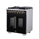 Forno Capriasca 30 Inch Freestanding French Door Dual Fuel Range in Black with Antique Brass Accessories, 5 Burners, True Convection Oven