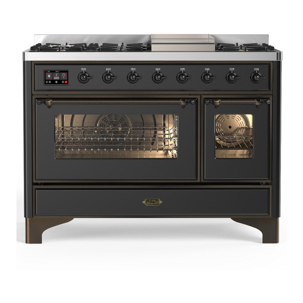 ILVE UM48FNR3MGBLP Majestic III 48 inch Dual Fuel Range with 8 Burners and Griddle, Dual Function Burner up to 25,000 BTU (Liquid Propane, Triple Glass Door, Graphite Matte, Burnished)