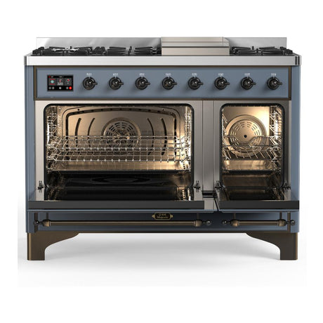 ILVE UM48FQNR3BGBLP Majestic III 48 inch Dual Fuel Range with 8 Burners and Griddle, Dual Function Burner up to 25,000 BTU (Liquid Propane, Solid Door, Blue Grey, Burnished)