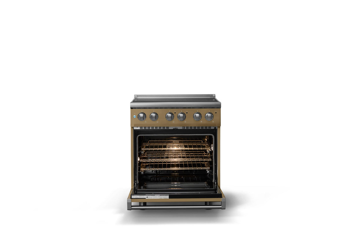 30"W. Electric Range (Finish: Golden Hour, Trim: Polished Chrome)
