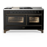 ILVE UM60FSNR3BKB Majestic III 60 inch Dual Fuel Range with 7 Burners, Griddle and French Top, Dual Function Burner with up to 25,000 BTU (Natural Gas, Triple Glass Door, Glossy Black, Burnished)