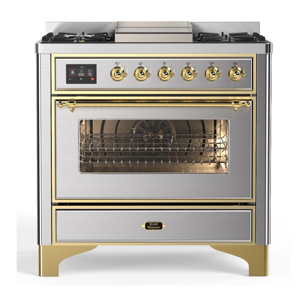 ILVE UM36FNR3SSGLP Majestic III 36 inch Dual Fuel Range with 6 Black Brass Burners and Griddle, Dual Function Burner up to 25,000 BTU (Triple Glass Door, Stainless Steel, Brass, Liquid Propane)