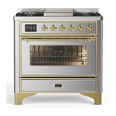 ILVE UM36FNR3SSGLP Majestic III 36 inch Dual Fuel Range with 6 Black Brass Burners and Griddle, Dual Function Burner up to 25,000 BTU (Triple Glass Door, Stainless Steel, Brass, Liquid Propane)