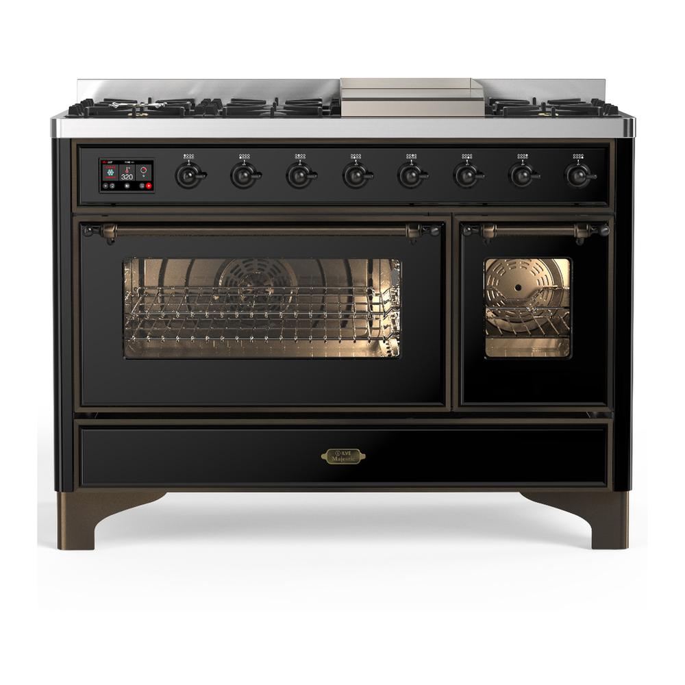 ILVE UM48FNR3BKB Majestic III 48 inch Dual Fuel Range with 8 Burners and Griddle, Dual Function Burner up to 25,000 BTU (Natural Gas, Triple Glass Door, Glossy Black, Burnished)