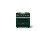 36"W. Dual Fuel Range (Burner: 4g, Finish: Ivy, Trim: Brushed Brass, Fuel: Propane)