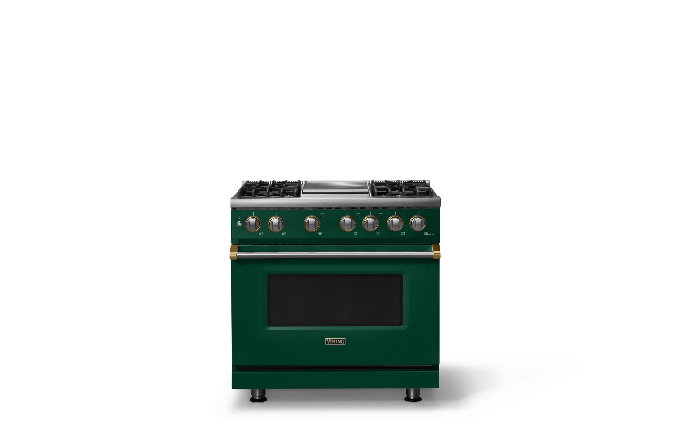 36"W. Dual Fuel Range (Burner: 4g, Finish: Ivy, Trim: Brushed Brass, Fuel: Propane)
